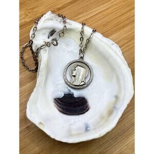 Vintage Necklace 16" Pendant OUR LADY OF LOURDES Medallion Catholic‎ silver tone